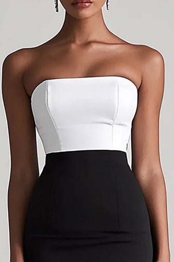 Black and White Satin Bodycon Midi Graduation Dress with Slit